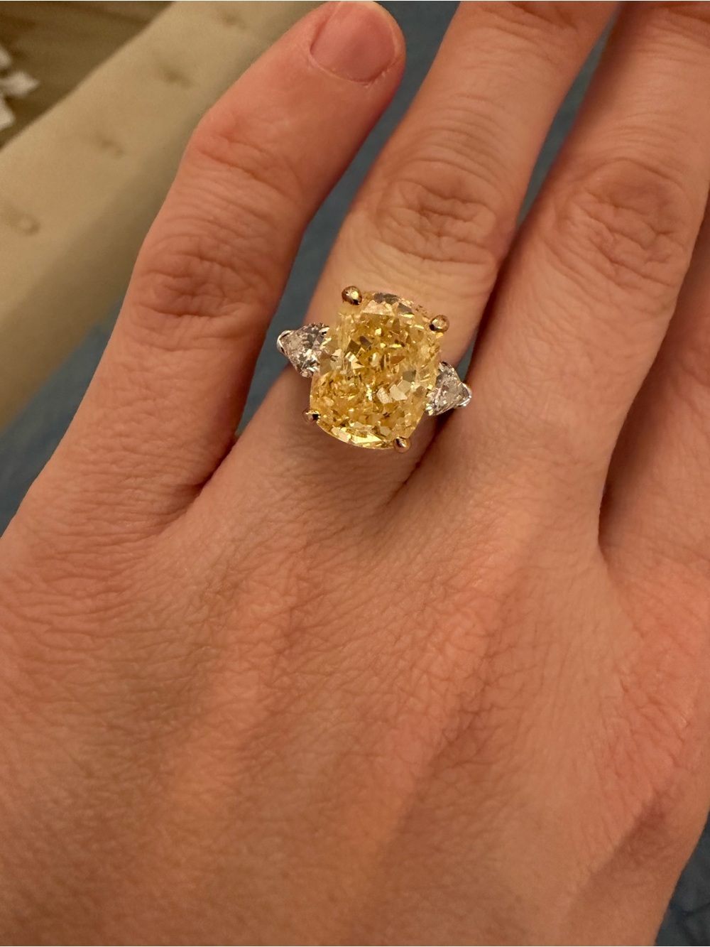 Yellow Cushion-Cut Three-Stone Ring with Side Trillions - Unbranded